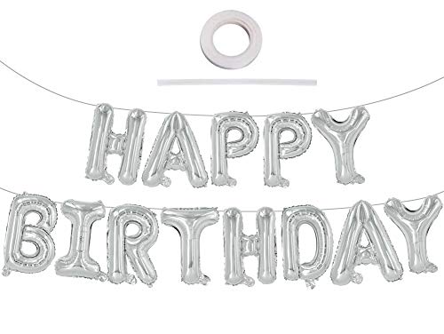 Silver Happy Birthday Balloons Banner, 16 Inch Mylar Foil Letters Sign Bunting Reusable Ecofriendly Material for Girls Boys Kids & Adults Birthday Decorations Party Supplies …