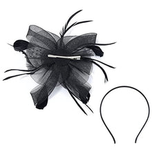 Load image into Gallery viewer, Fashband Fascinator Hat Flower Mesh Feather Headband with Hair Clip Black Cocktail Headwear Bridal Wedding Hair Accessories for Women and Girls
