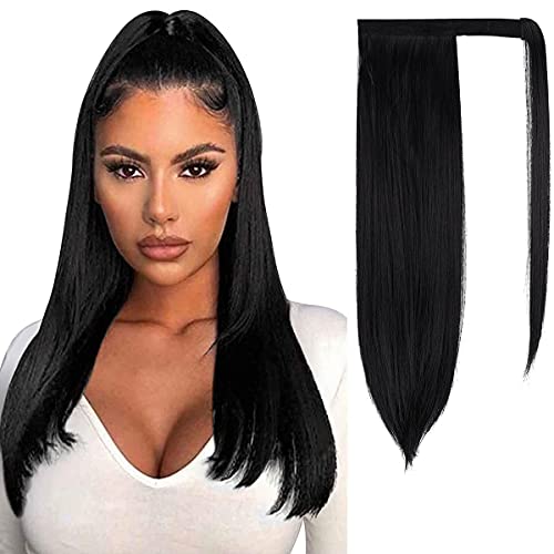 ZAIQUN Clip in Ponytail Extension Wrap Around Pony Tail Long Straight 20 Inch Synthetic Ponytail Hair Extensions Hair Pieces for Women(20'', Dark Black)