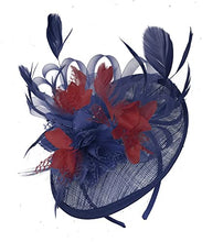 Load image into Gallery viewer, Caprilite Navy Blue and Burgundy Sinamay Disc Saucer Fascinator Hat for Women Weddings Headband
