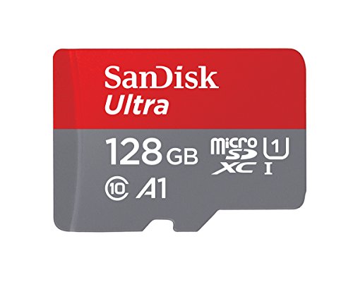 SanDisk 128GB Ultra microSDXC memory card+SD adapter. Up to 120MB/S Read Speed, Class 10, U1, A1 approved, Red/Grey