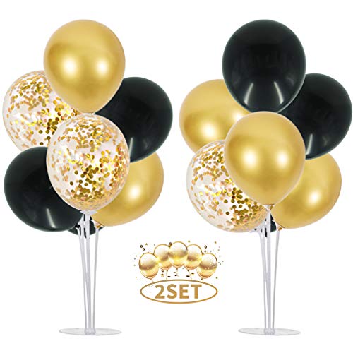 2 Set Table Balloons Stand Kit Ballon Column Stand Balloons Tree Include 16Pcs Black Gold Latex Confetti Balloons for Birthday, Baby Shower, Wedding, Graduation, Party Decorations