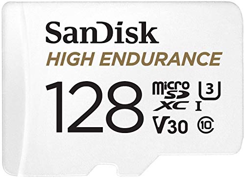 SanDisk HIGH ENDURANCE Video Monitoring for Dashcams & Home Monitoring 128 GB microSDXC Memory Card + SD Adaptor, Up to 100 MB/s read and 40 MB/s Write, Class 10, U3, V30, White