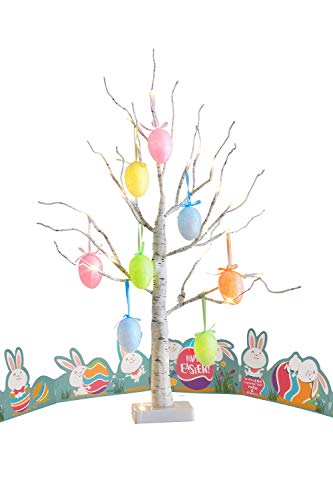 Eambrite Easter Egg Tree with Lights Timer Battery Operated White Twig Tree with Easter Decorations Decor for Home and Party (60cm/2ft)