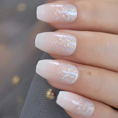 EchiQ Holo Glitter Pink Nude French Ballerina Coffin False Nails Gradient Natural Press on Fake Nails Tips Daily Office Finger Wear