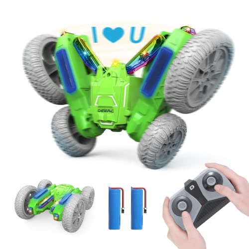 DEERC Remote Control Car for Boys, Tornado RC Stunt Car with LED Light Words 4 Demo Modes, Double Sided 360°Rotating with 2 Powerful Motors, 2.4GHZ Shockproof Off RC Crawler