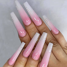 Load image into Gallery viewer, Brishow Coffin False Nails Long Fake Nails Pink Crystal Press on Nails Ballerina Stick on Nails 24pcs for Women and Girls
