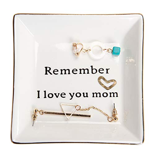 HOME SMILE Birthday Gifts for Mom,Mom Gift-Ceramic Ring Dish Decorative Trinket Plate -Remember I Love You Mom-Mother's Day Valentines Day Christmas Gifts for Mom