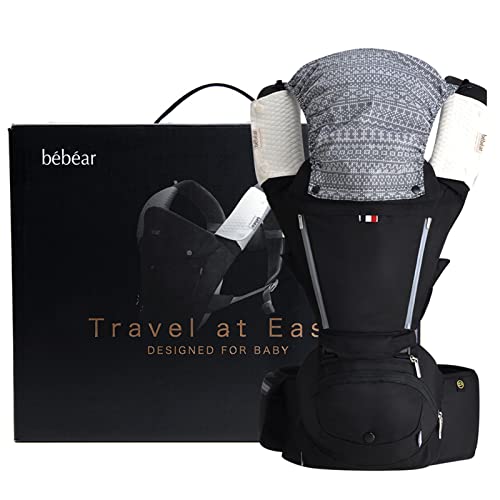 Bebamour Baby Carrier Newborn to Toddler, 6 in 1 Baby Carrier for 0-36 Months, 100% Cotton, Foldable Baby Hipseat Attached 3pcs Baby Drool Bibs (Black)