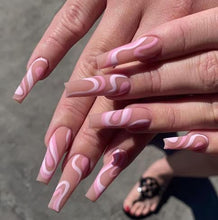Load image into Gallery viewer, Brishow Coffin False Nails Long Fake Nails Pink Lines Press on Nails Ballerina Acrylic Stick on Nails 24pcs for Women and Girls
