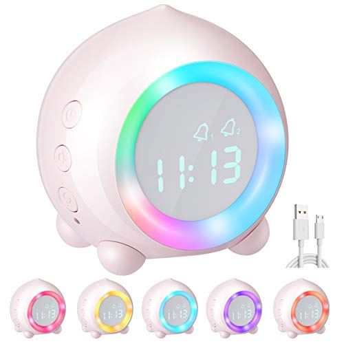 Homealexa Kids Alarm Clock, Wake Up Light Digital Clock Nap Timer Snooze Funtion Digital Simulator Alarm Clock Bedside for Girls Boys Bedroom Alarm Clock with LED Night Light Lamp (Pink)