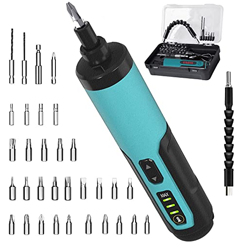 Electric Cordless Screwdriver Set Kiprim 4V Rechargeable Adjustable Torque Electric Screwdriver Gun with 33 Magnetic Bits Set (2 Drill Bits Included),Dual Flashlights,Carrying Box,Type C Cable