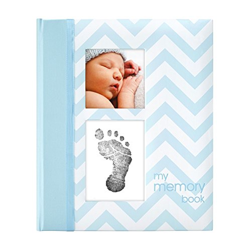 Pearhead First 5 Years Chevron Baby Memory Book with Clean-Touch Baby Safe Ink Pad to Make Baby's Hand or Footprint Included, Blue
