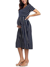 Load image into Gallery viewer, Love2Mi Womens Short-Sleeve Maternity Dress Casual A-Line Midi Pregnant Dress Navy White Stripe L
