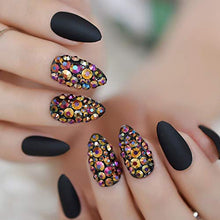 Load image into Gallery viewer, EchiQ 3D Press On Nails Rose Black Bling Gems Matte Stiletto Fake False Nails Almond Frosted Oval Short Pointed Full Cover Faux Ongles
