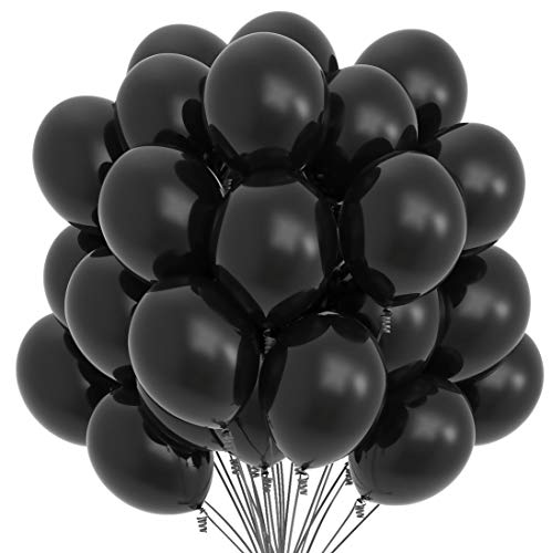 Prextex 75 Black Party Balloons 12 Inch Black Balloons with Matching Color Ribbon for Black Theme Party Decoration, Weddings, Baby Shower, Birthday Parties Supplies or Arch Décor - Helium Quality
