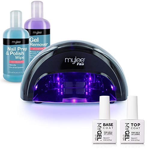 MYLEE 15 Seconds Cure Convex Curing® LED Gel Polish Nail Drying Lamp KIT, 3 Curing Cycle, Compatible With All Gel Polish, Kit incl. MYGEL Top & Base Coat, Mylee Prep + Wipe, Gel Remover (Black)
