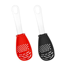 Load image into Gallery viewer, KINBOM 2pcs Multifunctional Cooking Spoons, Heat Resistant Plastic Non-Stick Can Be as Small Strainer Scoop Egg Separator Food Masher Garlic Ginger Grater Colander, Easy to Clean (Black, Red)
