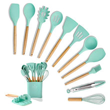 Load image into Gallery viewer, BenRich Silicone Kitchen Utensils Set, 11 Pcs Wooden Handles Spatula Set, Cooking Kitchen Utensils Set for Non-Stick Pans, Silicone Spatulas with Holder for Cooking Kitchen Tool Gadgets (Green)
