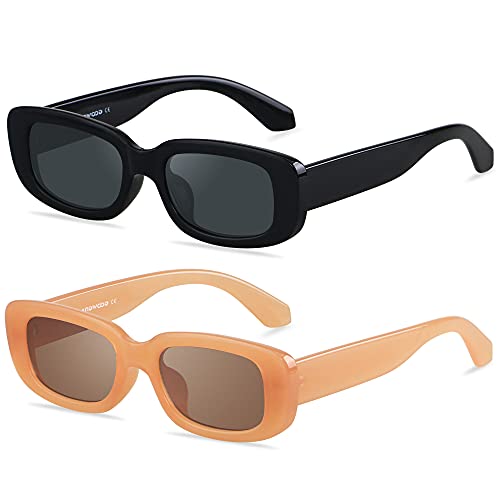 Rectangle Sunglasses for round faces for Women Square Frames Trendy Retro Vintage 90s UV Protection Sun Glasses Small Face 2 Pack Nude