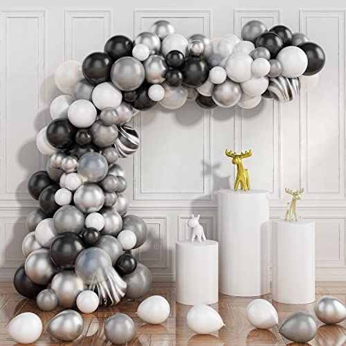 Grey Balloons Garland Kit, 87PCS Grey Metal Silver Balloon Garland Kit Balloons Arch Kit with Agate Black White Balloon Transparent Balloon for Birthday Decoration Wedding Baby Shower Party Supplies