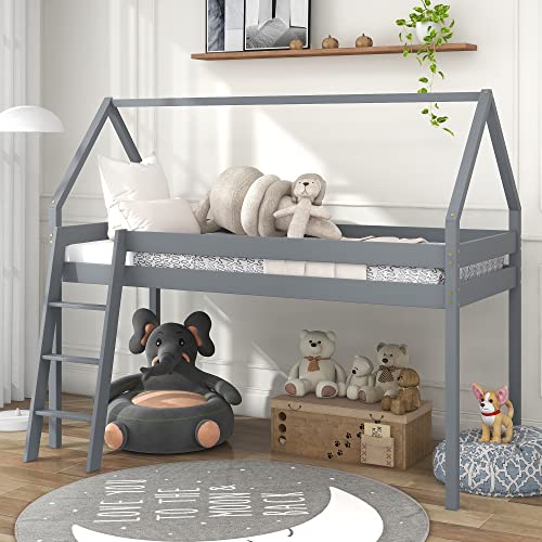 Treehouse Bed,Mid Sleeper Bed kids,Cabin Bunk Bed Loft Bed for Kids,Children Bed Frame with Ladder,90X190CM(3FT,Gray)