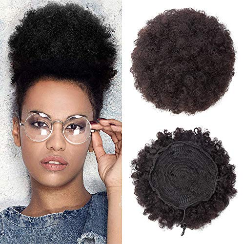 Elailite Human Hair Buns Afro Curly - Updo Chignon Hair Piece - 100% Real Remy Human Hair Extension Messy Hair Scrunchie - #1B Natural Black (Large)