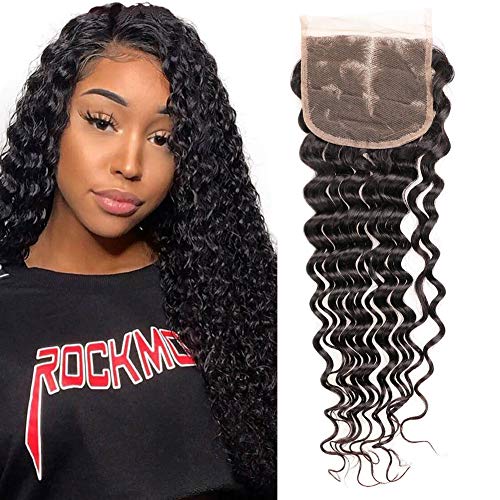 Brazilian 4x4 Deep Wave Closure，18 Inches 4x4 Free Part Lace Closure，Natural Black Brazilian Unprocessed Human Hair Extensions Natural Color