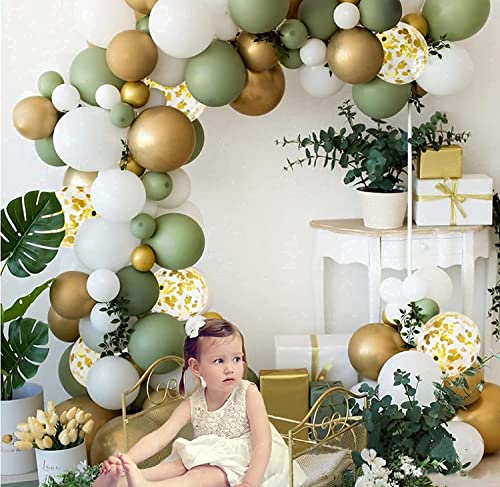 Balloon Garland Kit, 121pcs Balloon Arches Garland Set, Olive Green,White, Confetti Balloons and Gold Metallic Latex Balloons for Birthday Wedding Baby Shower Party Decoration(Green)