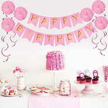 Load image into Gallery viewer, Girls Birthday Decorations | Pre-Assembled Happy Birthday Bunting Banner, Paper Pom Poms, Balloons | Pink Birthday Decoration | Birthday Banners for Girls and Women | Pink White Party Pack
