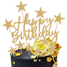 Load image into Gallery viewer, Gold Happy Birthday Cake Toppers, 2 Sets Glitter Cake Topper Banner for Girls Boys Women Man Birthday Cake Decorations, Stars Cupcake Toppers for Kids Birthday Baby Shower Hen Party Supplies (Gold)
