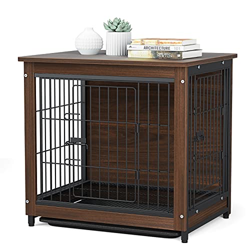 Bingopaw Wooden Dog Crate, Small Dog Cage End Table Pet Crate Furniture with Floor Tray 24inch