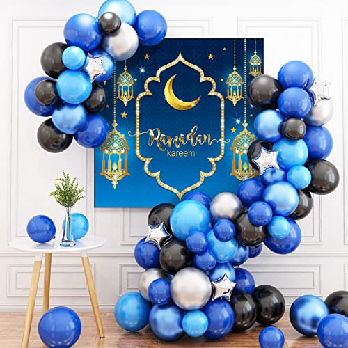 Blue Eid Mubarak Decorations, Blue Ramadan Mubarak Balloon Arch Kit, Blue Eid Banner Muslim Ramadan Backdrop Background for Muslim Ramadan Party Supplies (Banner + Balloon)
