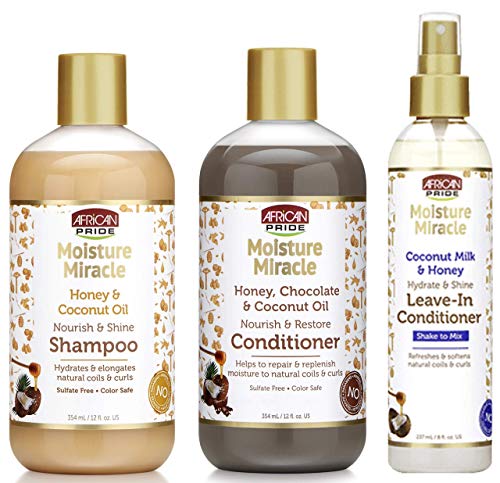 African Pride Moisture Miracle Shampoo, Conditioner and Leave-in Conditioner SET, Coconut Oil, Honey, Chococlate, Coconout Oil and Milk