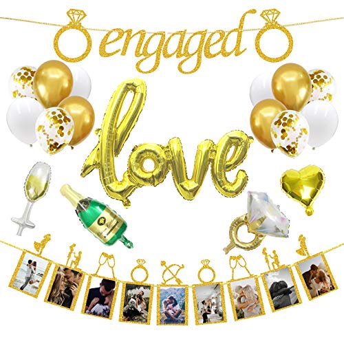 Engagement Wedding Decorations,Gold Engaged Banner, Photo Banner and Set of 12+5 Balloons for Engagement/Wedding Party