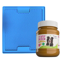 Load image into Gallery viewer, Lick Mat and 350g of Peanut Butter with Coconut and Honey Bundle for Dogs - Blue Licky Mat for Calm Eating, Slow Feeder Dog Mat with 100% Natural Protein Spreadable Smooth Peapup Butter
