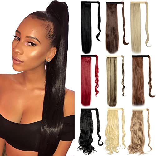 FXTYK 24 inches Wrap Around Ponytail Clip in Hair Extensions Long Straight Hairpiece Synthetic hair-Natural Black