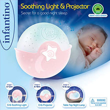 Load image into Gallery viewer, Infantino Soothing Light and Projector - Clip-on crib night light with grow-with-me design, starry night projector and tabletop light with built-in melodies and sound sensors, in pink
