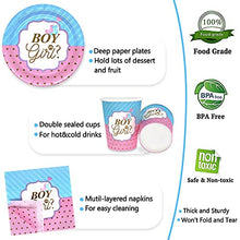 Load image into Gallery viewer, Heboland Gender Reveal Party Supplies Tableware Set, 16 Guests Boy or Girl Plates Napkins Tablecloth Cups Knives Forks Spoons Banner Decorations
