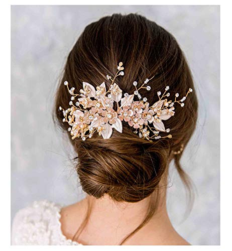 SWEETV Handmade Wedding Hair Comb Pearl Floral Leaf Bridal Hair Accessories for Brides and Bridesmaid
