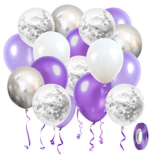 Wedding Balloons Purple Violet White Silver 50 pcs 12 inch Confetti Metallic Helium Latex Balloon with Purple Ribbon for Girls Birthday Baby Shower Bridal Party Event Decoration