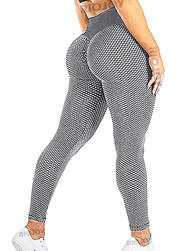 RIOJOY  Women's High Waist Leggings 3D Mesh Knitted Ruched Butt Lifting Honeycomb Yoga Pants, M,  Grey