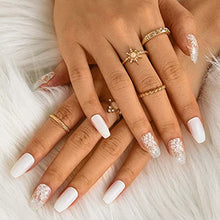 Load image into Gallery viewer, Sethexy Medium White Fake Nails Ballerina Glitter Stick on Nails Glossy Coffin False Nails Snow Nails with Glue 24Pcs Acrylic Art Press-on Nail Tips for Women and Girls
