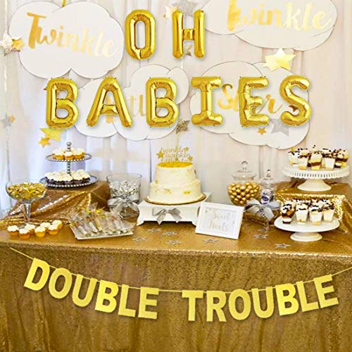 JOYMEMO Twins Baby Shower Decorations Set Gold, Double Trouble Banner ...