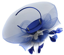 Load image into Gallery viewer, Feather Flower Fascinator Hat Veil Net Hair Clip Ascot Derby Races Wedding (Navy and Silver)

