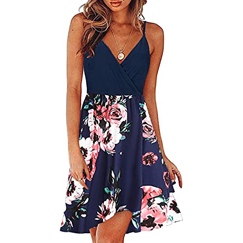 AMhomely Women Dresses Sale Clearance Ladies V-Neck Floral Print Strap Summer Casual Swing Dress with Ruffle Dress Bodycon Dress Office Wear for Casual Club Cocktail Evening Gowns Work UK Size 8-26