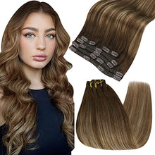 Load image into Gallery viewer, Fshine Clip in Hair Extensions Brown Balayage Hair Chocolate Brown to 27 Caramel Blonde 45cm Hair Extensions7 Pcs 120g Human Remy Hair Extensions Double Weft Clip in Human Hair Extensions 18-Inch
