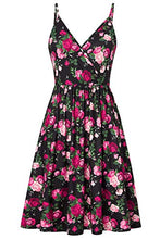 Load image into Gallery viewer, Women Sleeveless Beach Dress Summer Cross V Neck Adjustable Spaghetti Rose Straps Bohemia Floral Flared Swing Dress with Pockets Black L
