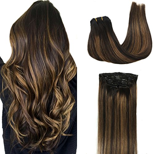 Googoo Clip in Hair Extensions Ombre Natural Black to Light Brown Remy Human Hair Extensions Clip in Real Natural Hair Straight Double Weft Hair Extensions 7pcs/120g 16inch