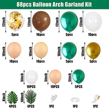 Load image into Gallery viewer, Balloon Garland Arch Kit, 96 Pcs Forest Brown Green Orange Balloon Arch Kit with Metallic Gold Balloons Palm Leaves for Safari Jungle Wild One Theme Party Decorations
